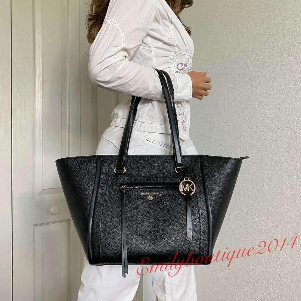 NWT Michael Kors Retail Carine Medium Pebble Leather Black Tote Shoulder Bag